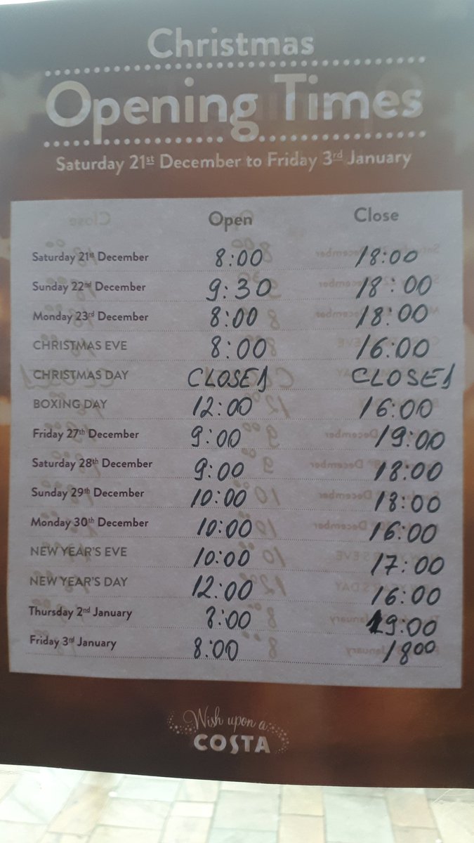 JohnKeogh2's tweet photo. @CostaCoffee Just to let you know its not Boxing Day on 26th December in Ireland, can you amend to St. Stephen's Day on you opening hours...This is your Sandyford shop. https://t.co/XsLsLRAwLM
