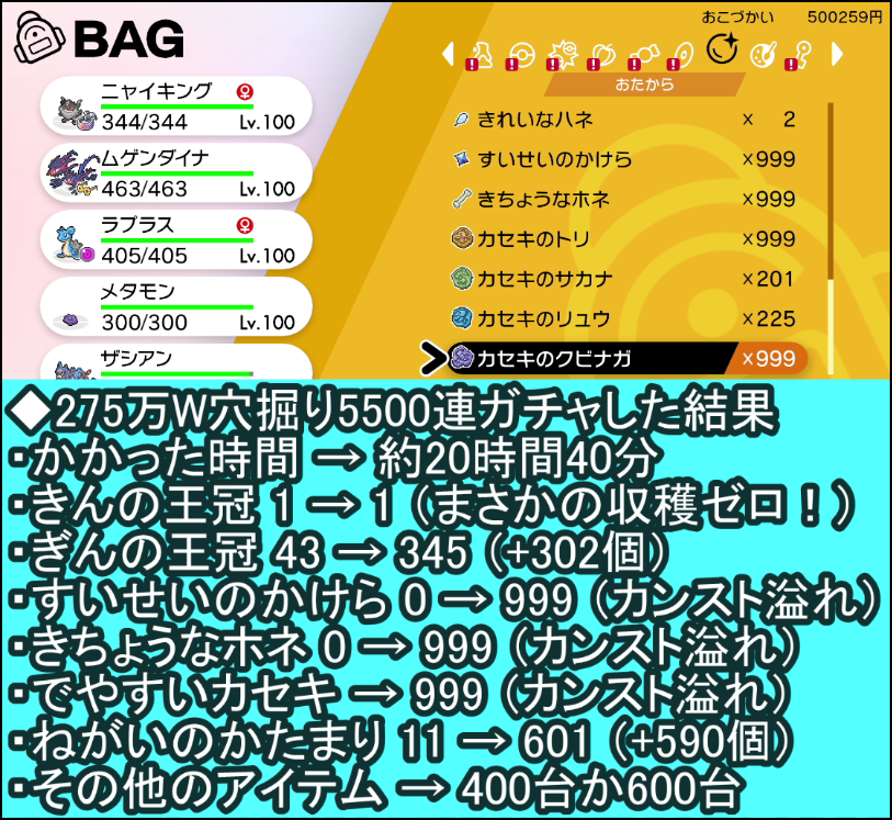 ট ইট র バーチャルkm ポケモン剣盾 色違いレイド配布 ポケモン剣盾 275万ワットを使用して穴掘り兄弟にて5 500連ガチャを行ったところ以下の結果になりました すいせいのかけらは1個12 500円で売れるので 999個売ると1 248万7 500円になり余裕で資金