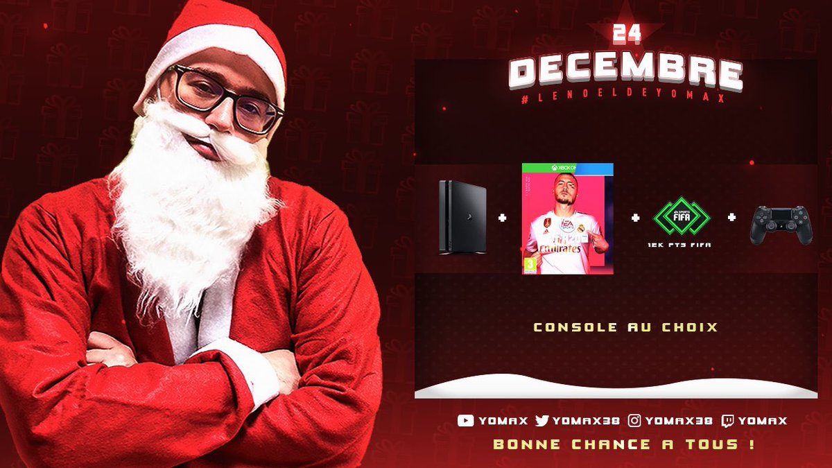 YoMax38's tweet image. JOUR 24 POUR LE #NoëlDeYoMax !! 

On fait gagner un pack CONSOLE+ FIFA 20 + UNE 2ÈME MANETTE + 12K PTS FIFA !! 

Pour participer il faut : 

RT + Follow @YoMax38 
Like le tweet 
Préciser la console de ton choix sur le #NoëlDeYoMax !! 

Bonne chance à tous, TAS LE 29/12!