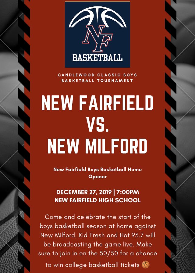 NFHSboyshoops's tweet photo. This Friday come & celebrate the start of the boys basketball season as they face off against New Milford! Canโt wait to see that @NFRowdyRebs student section! #RowdyRebels #NFBasketball #CandlewoodClassic #CTBB LIKE & RETWEET! https://t.co/7vyJP8G9ZO