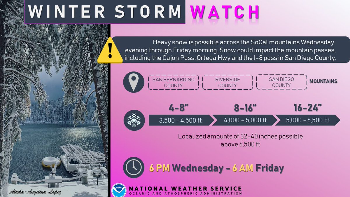 NWSSanDiego's tweet photo. ❄️ A Winter Storm Watch has been issued for the SB Co. Mtns, Riverside Co. Mtns, and San Diego Co. Mtns from 6PM Wed through 6AM Fri ❄️

Check out the latest rain and snow forecast for Wednesday through Friday below! ☔️❄️ #cawx https://t.co/H1LbMUywEn