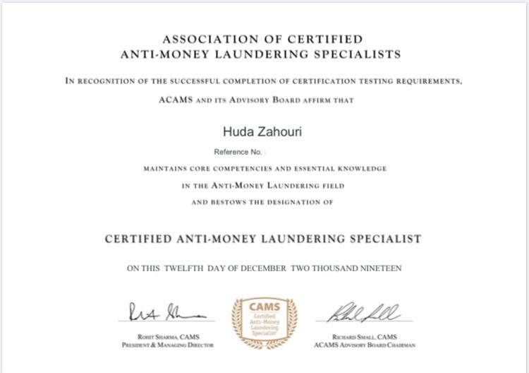 Acams On Twitter I M Happy To Announce That I Have Obtained My Cams Certification I Am Honored To Be A Member Of The Prestigious Global Acams Community Congratulations Huda Welcome To The