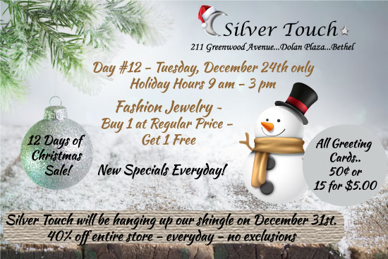 silvertouch211's tweet photo. 🎄12 Days of Christmas Sale at Silver Touch!
Day #12 – Christmas Eve, Tuesday, December 24th.
Holiday Hours from 9 am -3 pm today.
Fashion Jewelry 💎 Buy 1 at Regular Price and Get 1 Free.  Merry Christmas 🎄#thisisbethel #shoplocal #12daysofchristmas #SilverTouch https://t.co/Qdb69RU5eX