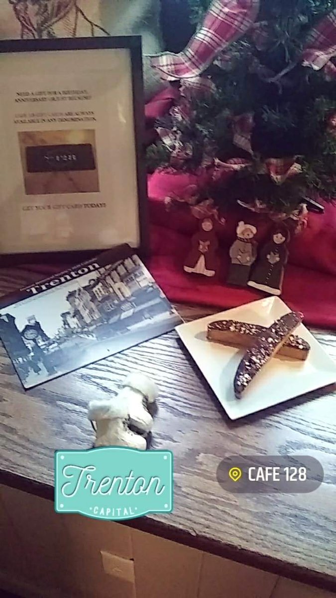 128WStateCafe's tweet photo. Tis' the Season at Cafe 128. Stop by and try our new Chocolate Peppermint Biscotti and pick up a stocking stuffer while you're there. We have gift cards available in any denomination as well as the 2020 Trenton Historical Society Calendar. https://t.co/NS3rK3eclp
