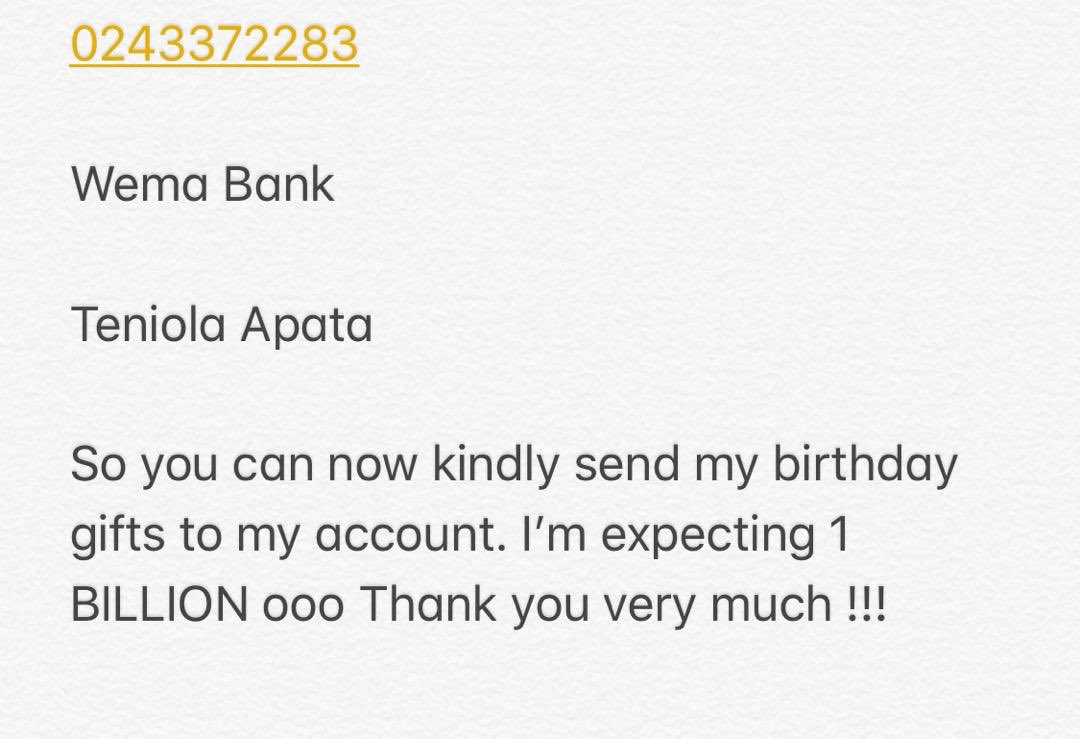 TeniEntertainer's tweet photo. You can now send my birthday and Christmas gift!!! https://t.co/VNtdZqpsP2