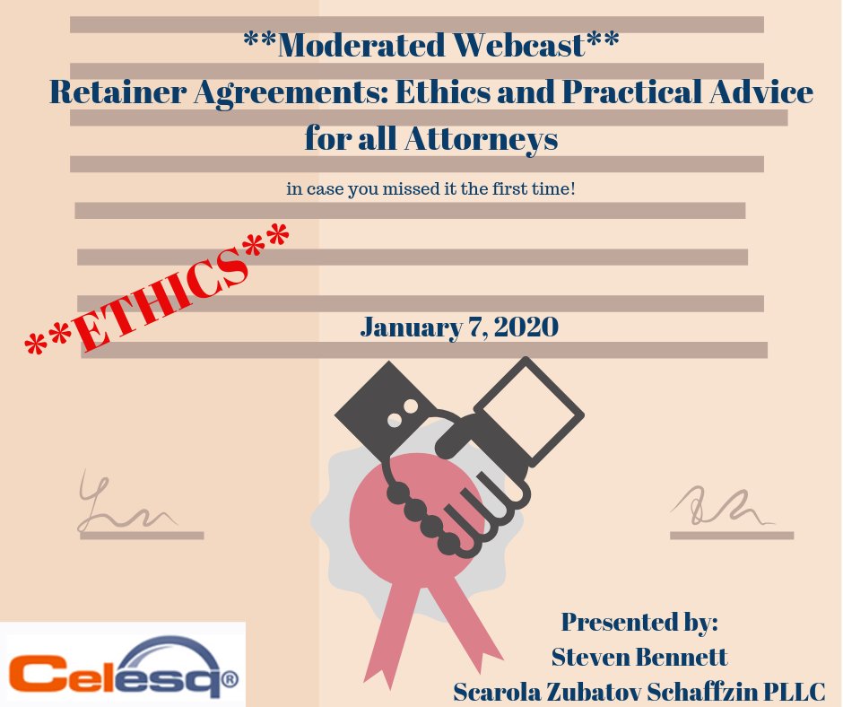 Join us for this replay on January 7th, 2020! Issues addressed include:• Who is the client?• What is the scope of representation?• What is the fee arrangement?• What about conflicts of interest?• What are “risky” provisions to include in an agreement?westlegaledcenter.com/program_guide/…