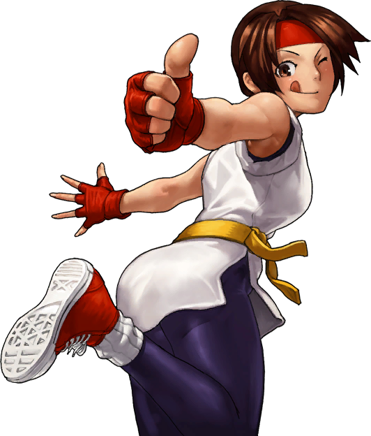 YURI SAKAZAKI - "Wild Flying Swallow"Age: 20Country: Japan (lives in America)Team: Women Fighters' TeamOrigins: Art of Fightingyuri originally appeared in art of fighting as a damsel in distress, but pulls her own weight as a fighter in kof. she's a lighthearted prankster.