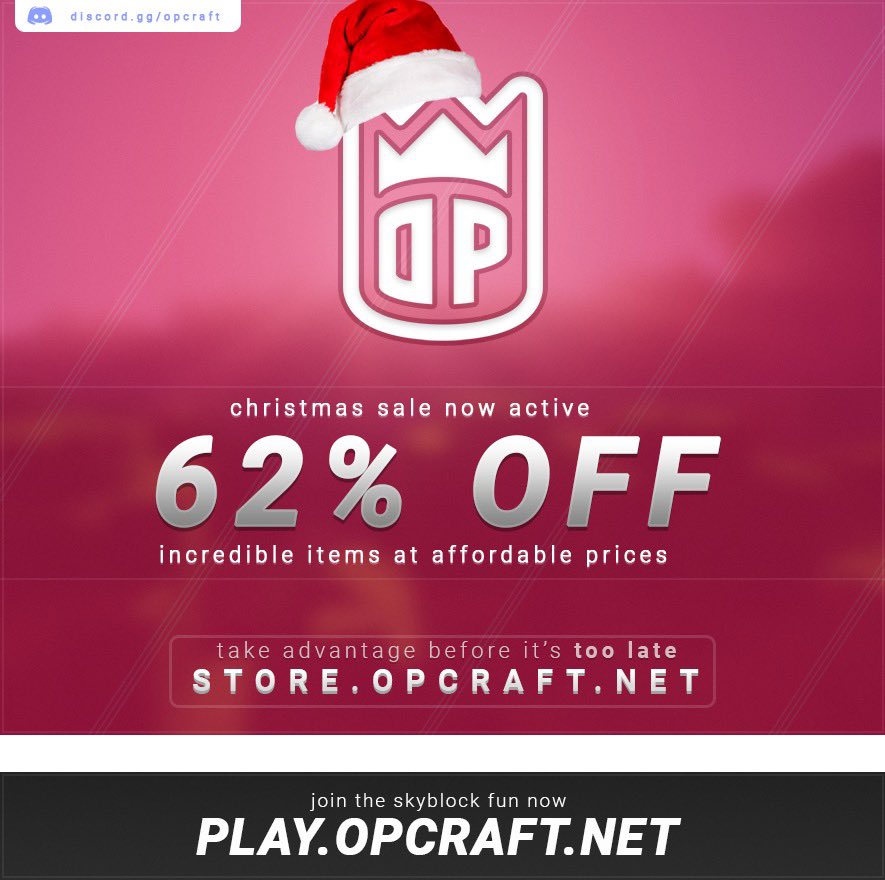 OPCraft's tweet image. 🚨 HUGE CHRISTMAS SALE 🚨

🛒 Get up to 62% off of everything on our store during our limited time Christmas sale! This sale leaves our store on December 29th at 11:59 PM EST.

Retweet &amp;amp; Follow for the chance to win Lifetime Overpowered Rank! Winners will be picked Monday. ❤️