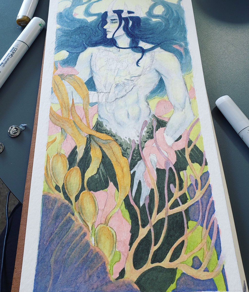 This mornings #Progresspic on the #gothmerman #artchallenge with @mindyleedoodles #art #Wip #ink #copic #legend #mythicalcreatures #ocean #naturespirit #ArtistOnTwitter