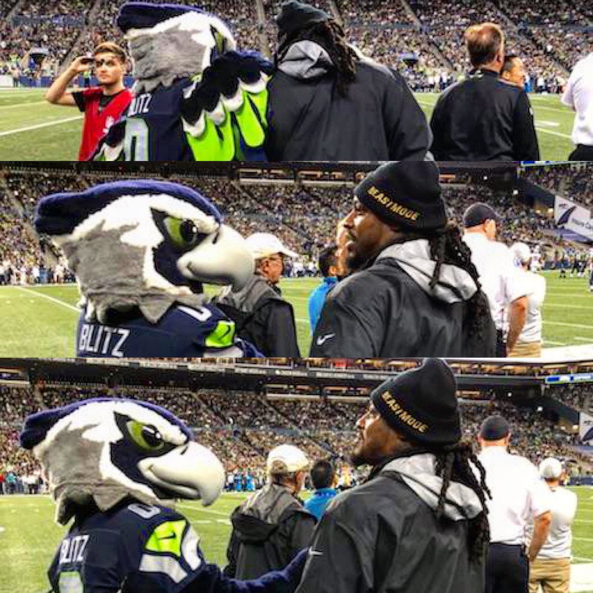 BlitzTheSeahawk's tweet photo. This is pretty much how it happened.

Me: You should come back!
Marshawn: Back to Seattle.......back in front of the 12s? 
Me: YES!
Marshawn: YES SIR LETS GO!!!!!!! 12/29/19  will be the  Day BEASTMODE came HOME! https://t.co/eKJIxy5VCj