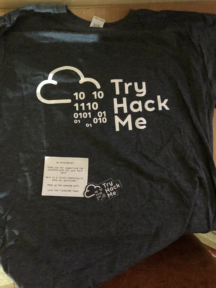 0xSeth's tweet photo. Just got some swag gifts from @tryhackme and a sweet message.
There are the things that keeps u driven. Awesome platform and awesome community.
Thanks for the opportunity to both contribute and learn new things!
#tryhackme #thmw https://t.co/PDQxFwfyK1