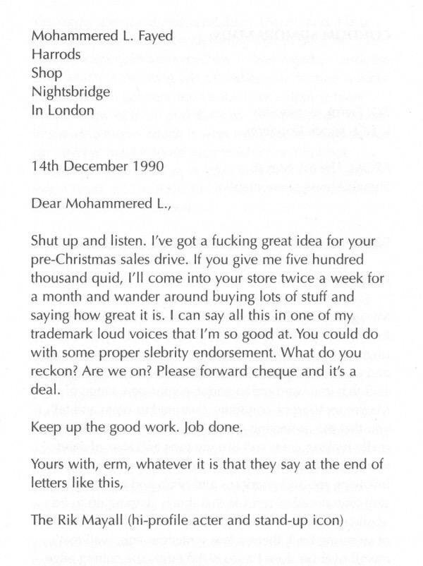 _Bands_FC's tweet photo. Rik Mayall’s letter to Harrod’s, offering his help at Christmas in 1990 https://t.co/iTVL5QNvgN