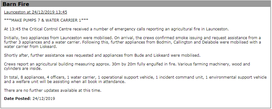CornwallFRS's tweet image. Crews are currently in attendance at a barn fire in Launceston. See below for a full update on the incident as of 15:45hrs. #CornwallFire #CriticalControl