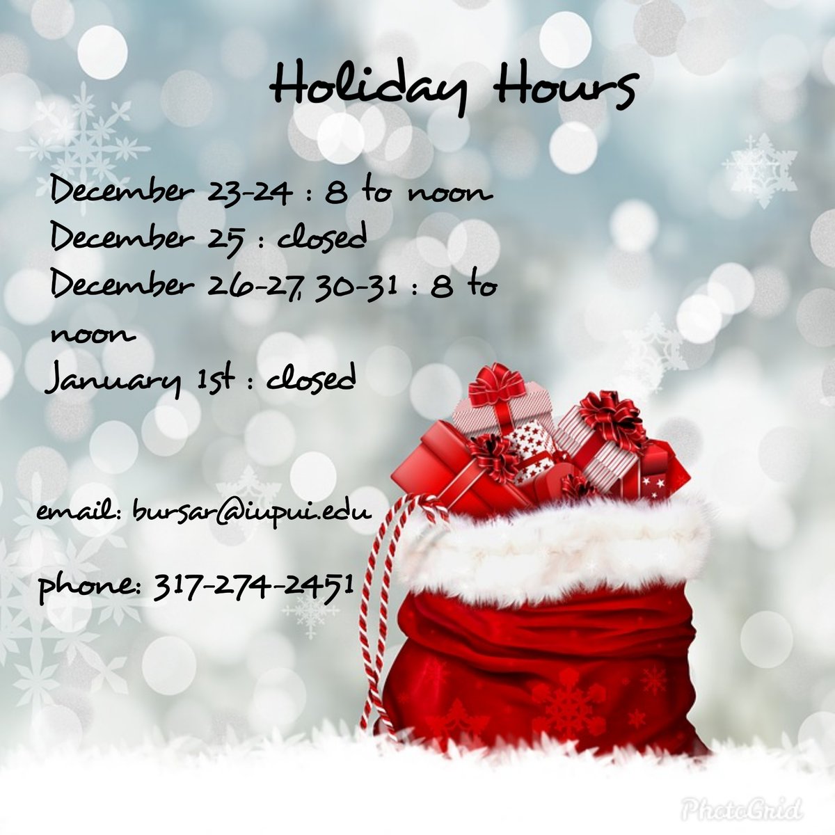 IUPUIBursar's tweet photo. Don't forget we have different hours during the Holiday's! https://t.co/cndF0cy5Oo
