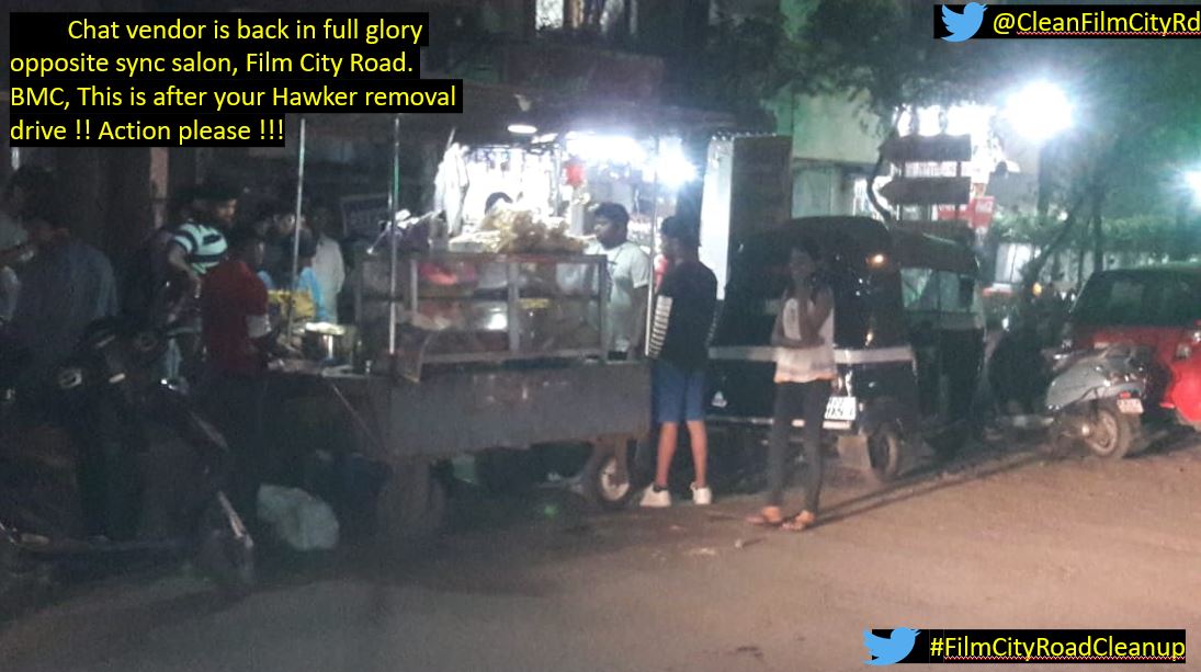 CleanFilmcityRd's tweet photo. @mybmcWardPS , @MumbaiPolice after BMC hawker removal drive, most of the hawkers are back and new ones have cropped up ! As part of #FlimcityRoadCleanup  we are requesting them to leave and we have also placed plants on footpaths but it needs to be supported by strict action ! https://t.co/N7QAxYqgnJ