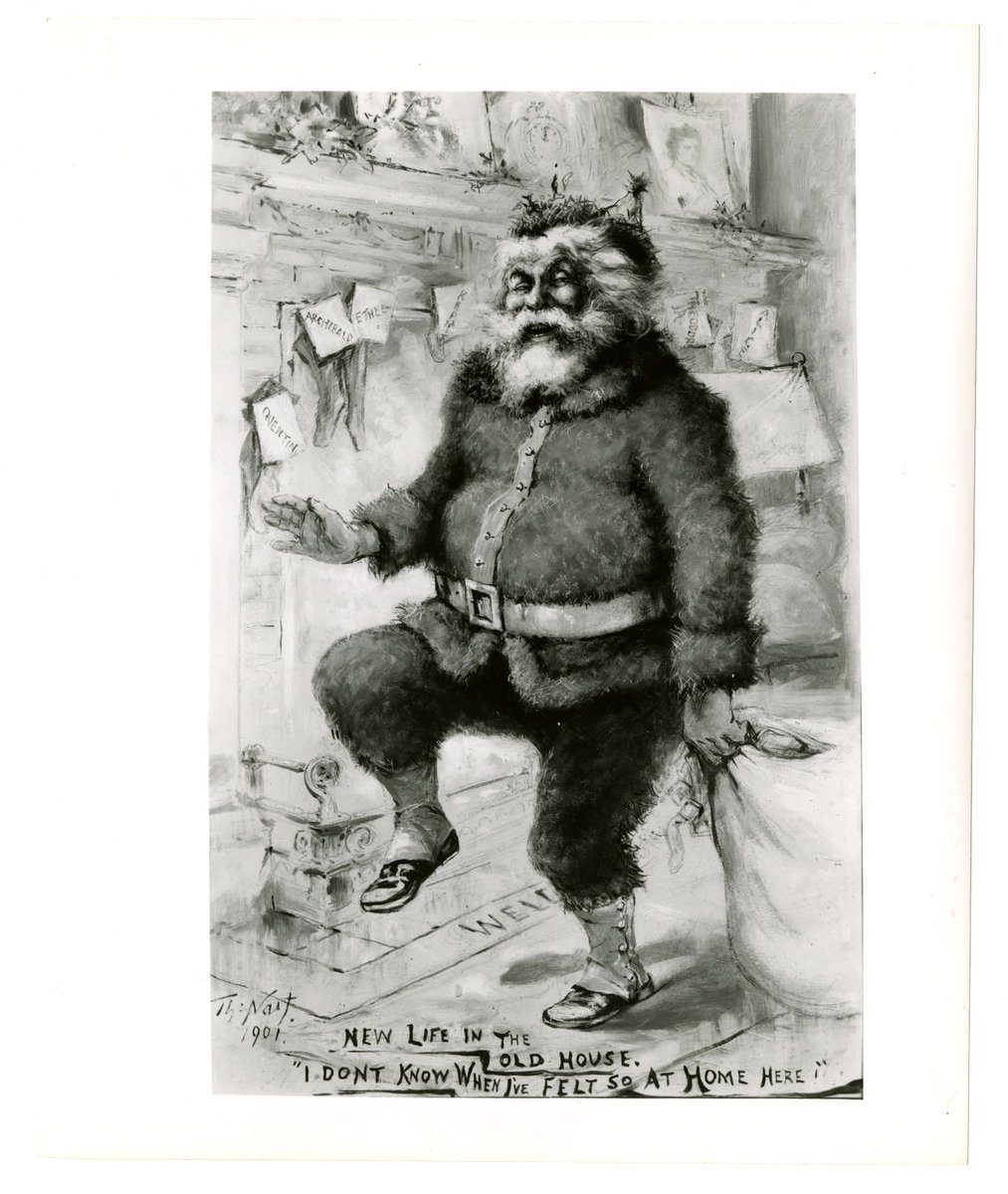 TR_Center's tweet image. One of our favorite holiday items is this Thomas Nast cartoon of Santa in front of the White House chimney and the stockings of the Roosevelt children. Mast, a political cartoonist, is better known for creating the modern image of Santa Claus. 

Original: ow.ly/7KrF30q2unZ