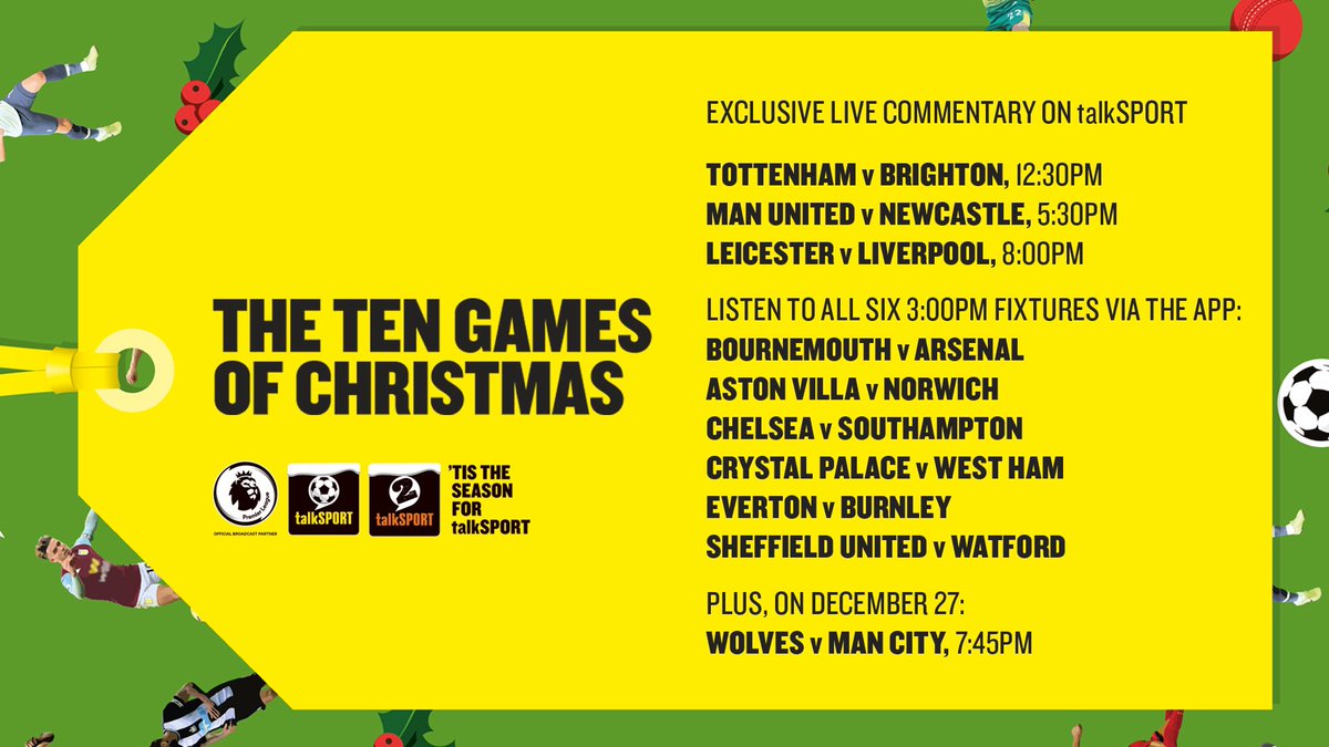 The Ten Games Of Christmas! 🎄

Xmas = @PremierLeague football 

✅ We’ve got EVERY match live
✅ Hear all six 3pm matches 

The talkSPORT Network has it all

Swipe between games easily on our app!

📲 Get the app → talkSPORT.com/Apps