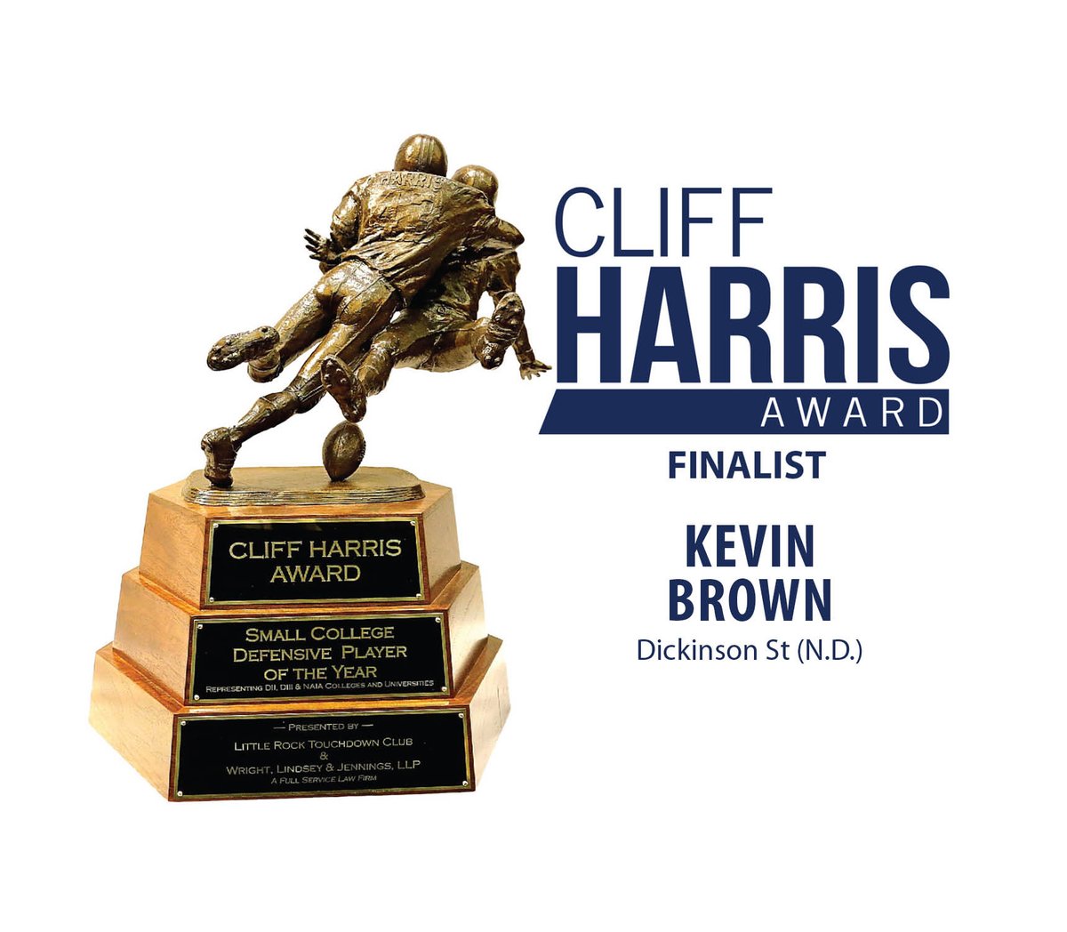 CliffHarrisAwd's tweet photo. Congratulations to Kevin Brown from Dickinson St (N.D.) on being a FINALIST for a 2019 Cliff Harris Award! @BlueHawkFB @dsubluehawks https://t.co/xAa1X1dgZM