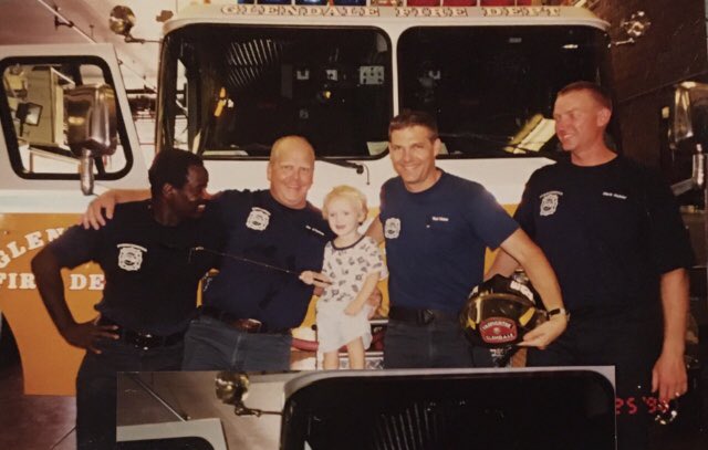 GlendaleFire's tweet photo. Joe Sandman, formally a Glendale Firefighter now Phoenix Firefighter, along with Engineer Ted Thiss, Deputy Chief Mark Hubler and retired firefighter Ernesto Carson were reunited after 20 years with a drowning victim they saved. See the entire story on our Facebook  page. https://t.co/meeaWfoTFI
