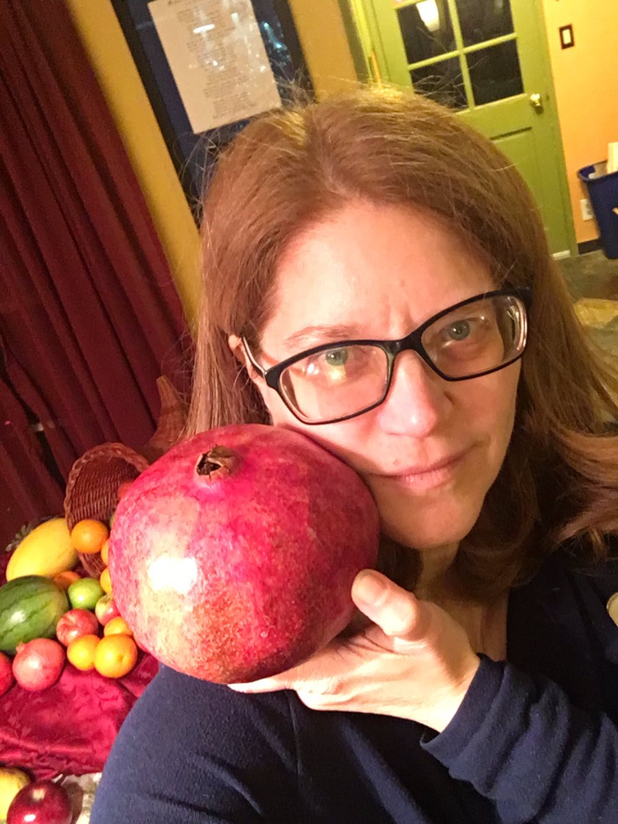 SusanLambert's tweet photo. I found the giantesses pomegranate I’ve ever seen at Trader Joe’s. Seriously look at this lady. Now, where to put her? Next to the watermelon or off on her own? #Cornucopia2019 https://t.co/Jw4YU5BOcd