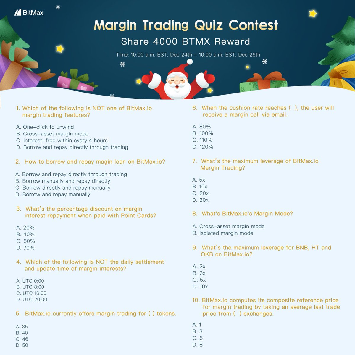 AscendEX_'s tweet photo. 📢Join https://t.co/ZgbxdXzvT8 Margin Trading Quiz-based Contest for your chance to share 4000 BTMX!💰
1⃣Follow @BitMax_Official
2⃣Retweet this twitter with your answers 
3⃣20 winners will be selected from participants who answer all 10 questions correctly 
#Margintrading #BTMX https://t.co/RCEcO7l0aZ