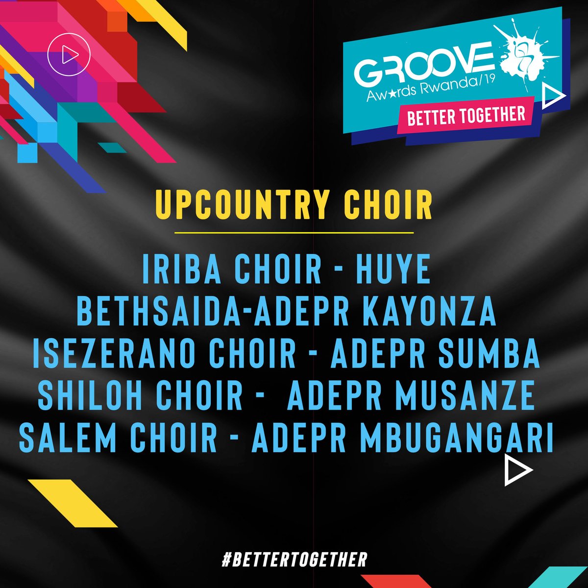 GrooveAwardsRW's tweet photo. Here are the NOMINEES for the UPCOUNTRY CHOIR OF THE YEAR 2019 CATEGORY.
#GrooveAwardsRwanda2019
#BetterTogether
Cc:
@iribachoirhuye
@bethsaidaadeprkayonza
@iseseranoadeprsumba
@shilohchoiradeprmusanze
@salemchoiradeprmbugangari

Congratulations to every Nominee. https://t.co/b8XQp1d4u6