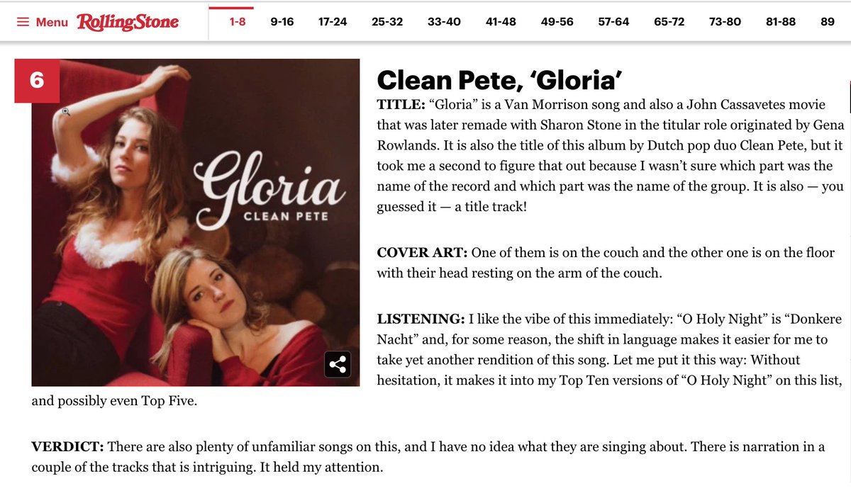 CleanPeteMusic's tweet image. Unreal. Nummerrrrr 6 van de nieuwe oogst kerstplaten in de fucking @RollingStone?! GLORIA!!!!!