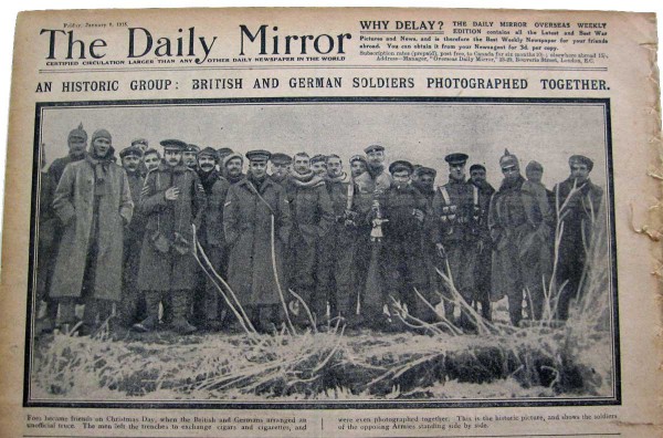 British newspaper with a photo and front page story reporting the unofficial Christmas Truce of 1914.