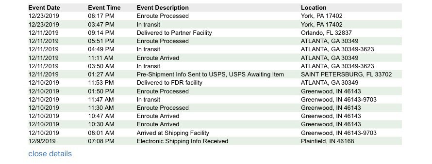 thesweetsammie's tweet photo. This has got to be THE WORST shipping pattern Iโve ever experienced. It was in Orlando for almost 2 weeks & then goes back up north...what the fudge ๐ค #newgistics @USPS https://t.co/8d0nGmKzx7