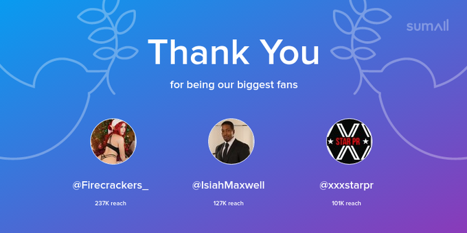 Our biggest fans this week: Firecrackers_, IsiahMaxwell, xxxstarpr. Thank you! via https://t.co/TgunTduqCU
