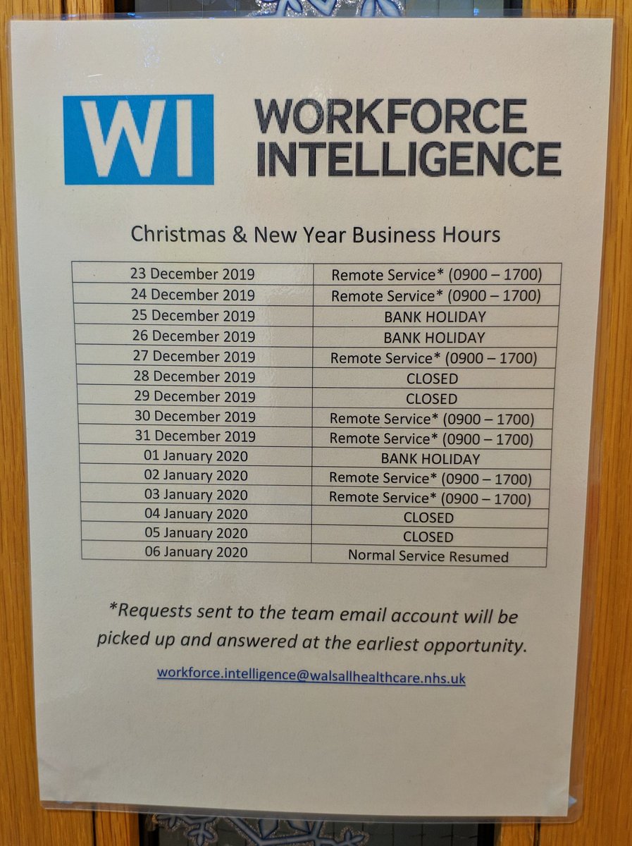 WI_NHS's tweet photo. The @WalsallHcareNHS Workforce Intelligence Team wishes everyone a very merry Christmas 🎄

We'll next be available on 27 Dec 2019. Until then take care and remember, if you know an analyst, be nice to them #SantaIsWatching 😉 https://t.co/F26HkrMVAV