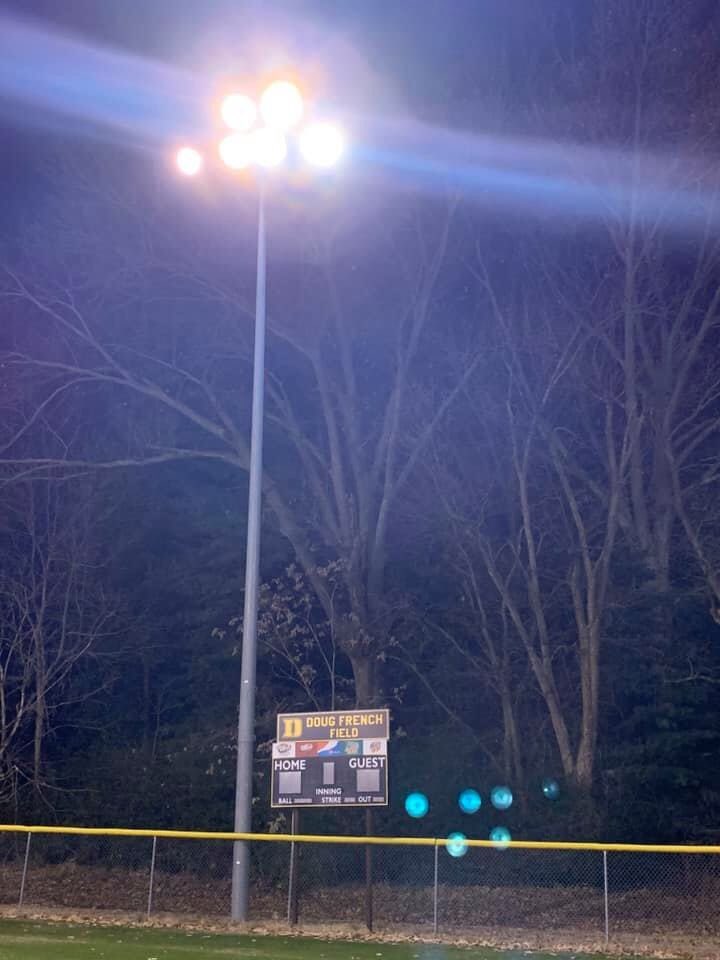 DburgHigh's tweet photo. In a moving tribute, the lights of Doug French Field remained on throughout last night in honor of Coach Doug French. @dburgsball https://t.co/4Cqv71lYnI