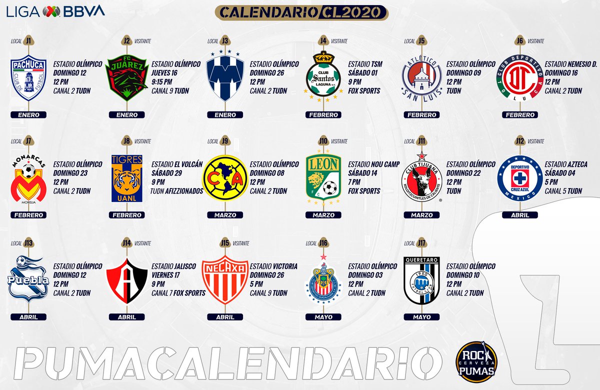 Matón Asentar Habitat ROCK CERVEZA Y PUMAS on Twitter: "📅¡Puma-Calendario!🚨 ⚽ Partidos de  @LigaBBVAMX / Torneo CL.2020 🏆 Día, Hora, Lugar y Televisora. 👁‍🗨  #FelizNavidad #2020EsDePumas https://t.co/z4DbeHlsnk" / Twitter