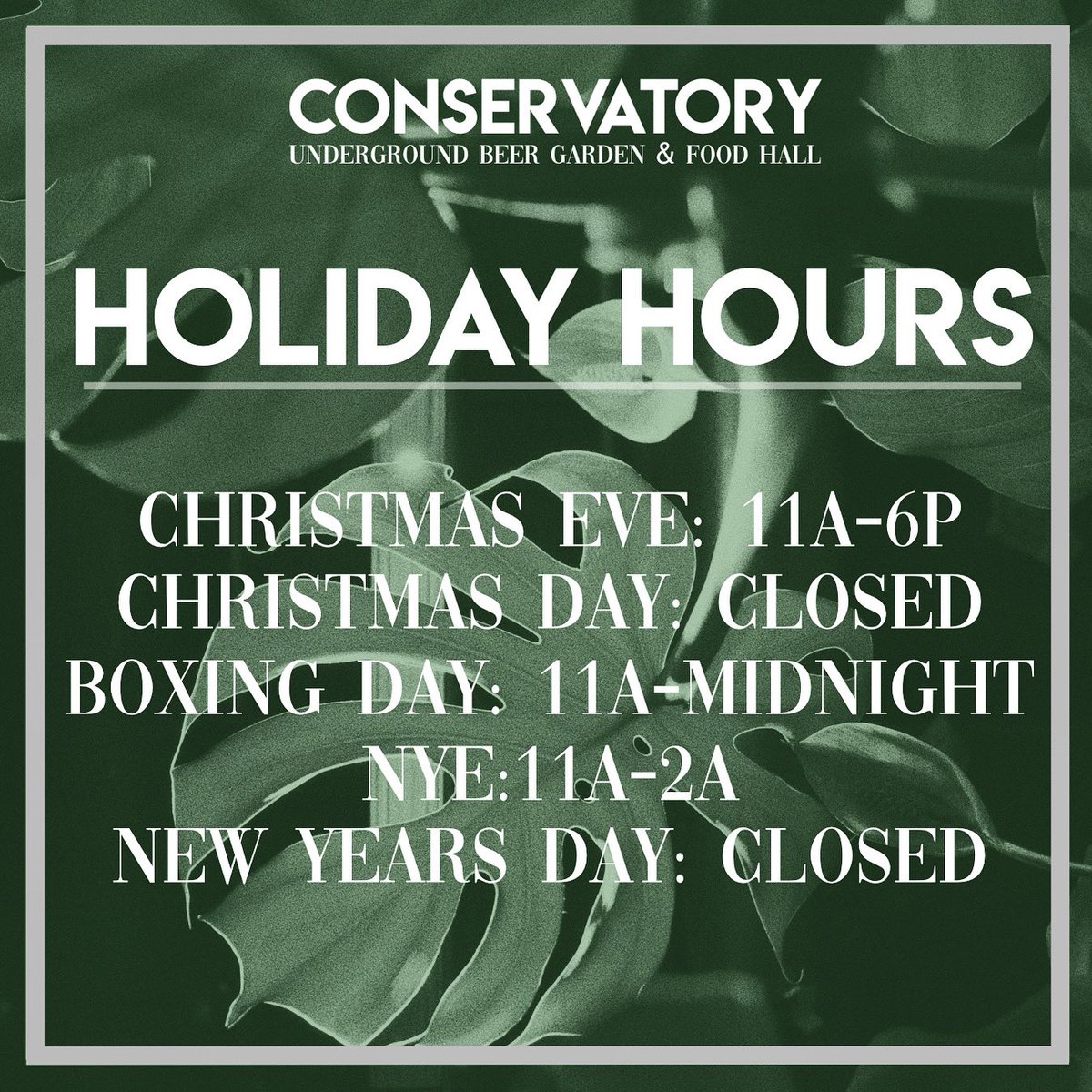 We’ll be closing at 6pm today so that our staff and vendors can spend time with family for the holidays.
However you celebrate, we hope it’s a good one.❄️ #ConservatoryHTX