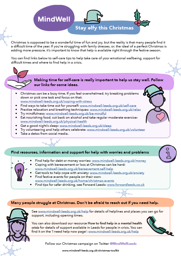 MindWellLeeds's tweet photo. The team at @MindWellLeeds would like to wish you a restful and #elfyChristmas. You can find our #Christmastoolkit at https://t.co/JWfsUZrwtX &amp; service opening hours at https://t.co/RYy34we6UR #stayelfythisChristmas https://t.co/LPgnlVmCI0