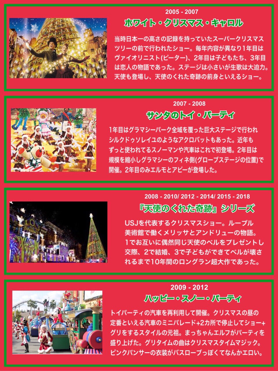 Twitter पर Sunny Days Usj歴代クリスマス徹底解説 Merry Christmas 今年10年ぶりに クリスマスイベントを一新したusj 過去にどのようなショーやパレードが開催されていたのかマニア目線で徹底解説してみました 皆さんが心に残ってるショーや