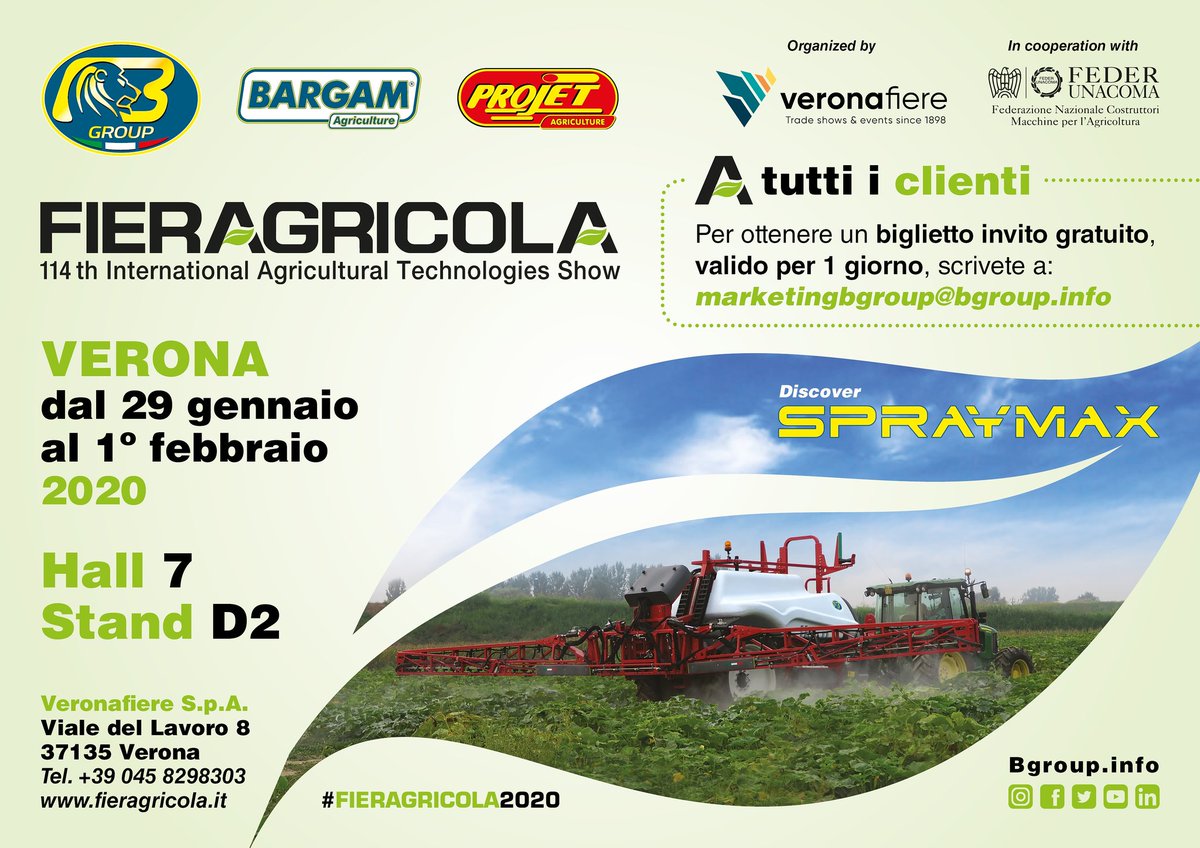 ProjetAgri's tweet photo. Road to Fieragricola Verona!
Per ottenere un biglietto invito gratuito, valido per un giorno, scrivete a:
marketingbgroup@bgroup.info
#bgroup #bargam #projet #fieragricola #verona #veronafiere #fiera #show #stand #exibition #spraymax #agricoltura #agriculture #farm #freetickets https://t.co/MotrX5i1NH
