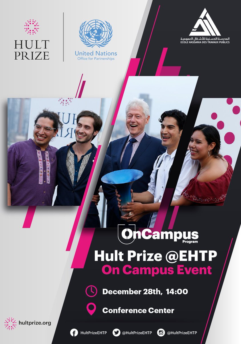 HultPrizeEHTP's tweet photo. Hult Prize EHTP a le plaisir de vous inviter à la première phase de la plus grande compétition d’entrepreneuriat sociale au Monde .  L'équipe gagnante à cette phase représentera l’Eole Hassania Des Travaux Public à l'international .
Nous vous attendons nombreux !! https://t.co/RT5f1gDpzB