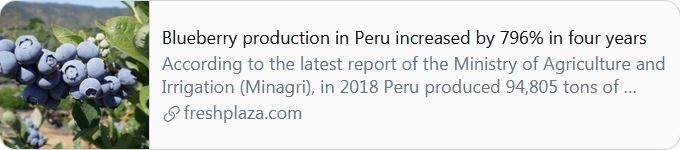 This is what the  #ClimateCrisis looks like in  #SouthAmerica right now.In 2018  #Peru produced 796% more blueberries than in 2015 & 81% more than in 2017.Why? Because Peru's glaciers are melting:  https://www.nytimes.com/2017/11/26/world/americas/peru-climate-change.htmlEnjoy them while they last. https://www.freshplaza.com/article/9166874/blueberry-production-in-peru-increased-by-796-in-four-years/