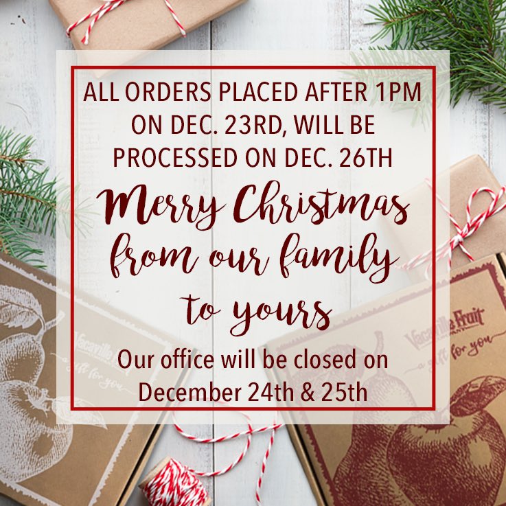 Just a reminder that our office is closed for two days. All online orders will be processed on December 26th. Have a Merry Christmas! #vacavillefruitcompany #driedfruitandnuts #vacaville