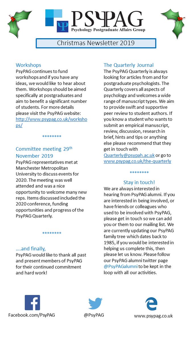 Merry Christmas to all Alumni! Please see below for the 2019 PsyPAG Christmas newsletter.