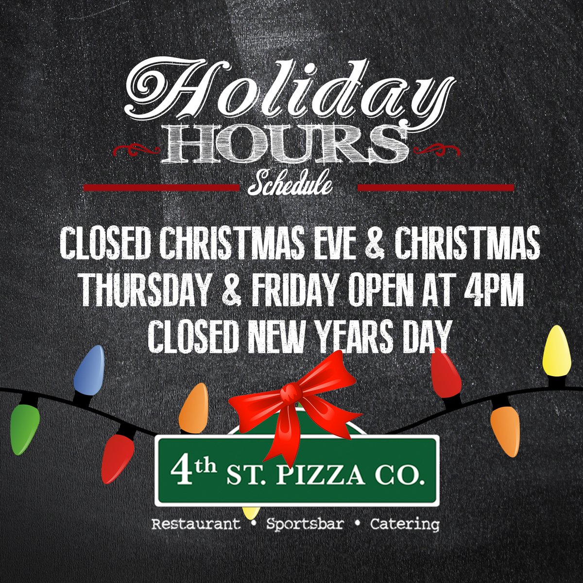 Holiday Hours
Merry Christmas

#ClosedforFamilyTime #HolidaysWithFriends #pizza #pizzagram #norcaleats  #norcalpizza #norcalrestaurants #bayarearestaurants #bestfoodbayarea #foodiesofinstagram #foodie #myfab5  #pizzalife #4thStPizza #dtsj #dtsjeats #takeout #delivery
