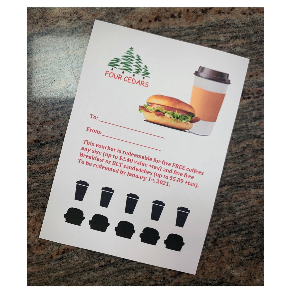 ☕️🥯 for any last minute gifters out there, or if you’re buying for someone who already has everything, take advantage and SAVE over 20% on $35 meal cards! The store will be open until 6pm tonight, LCBO and BEER as well! Merry Christmas from all of us at the Four Cedars!