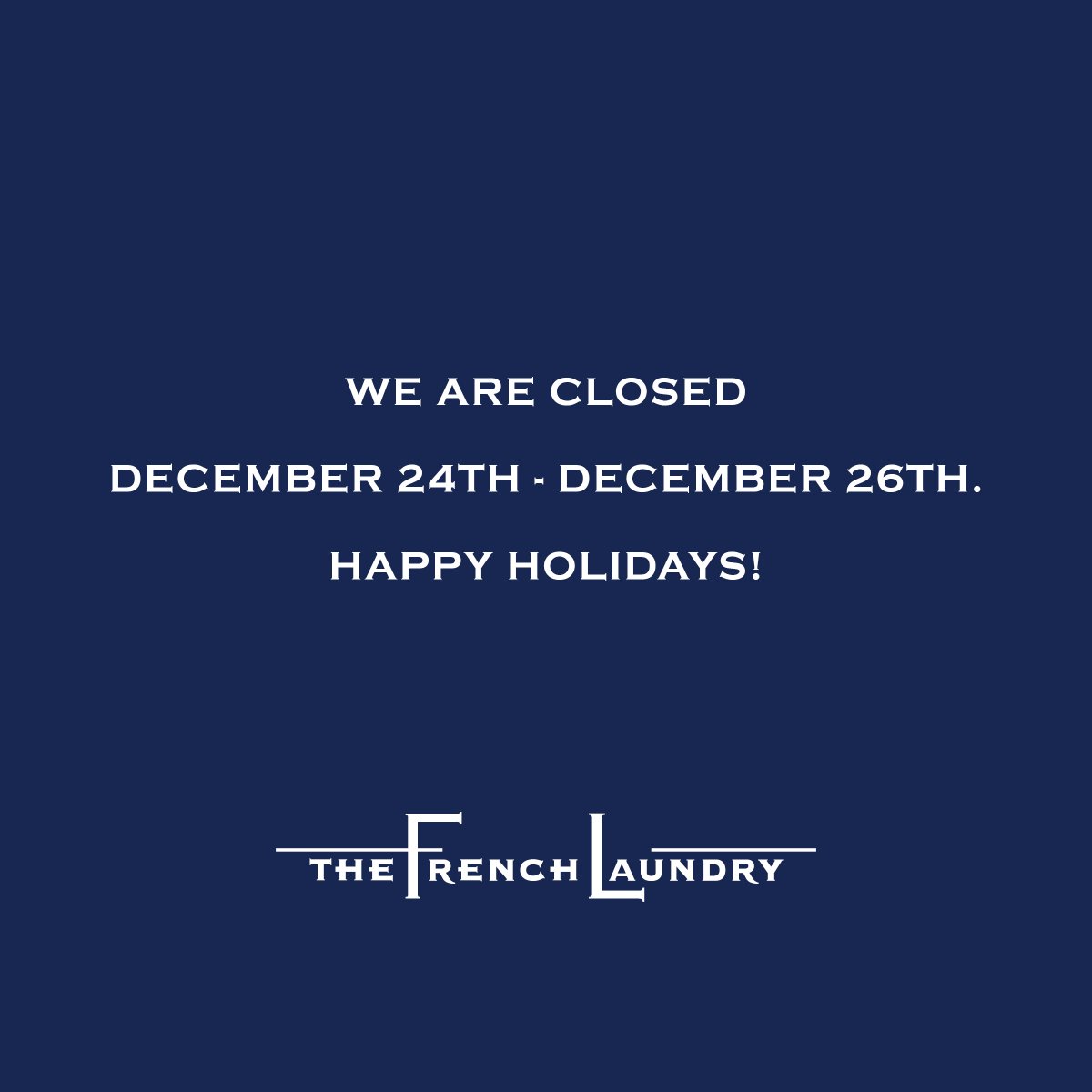 We are closed today, December 24th through December 26th, and look forward to seeing you on December 27th. Happy holidays!