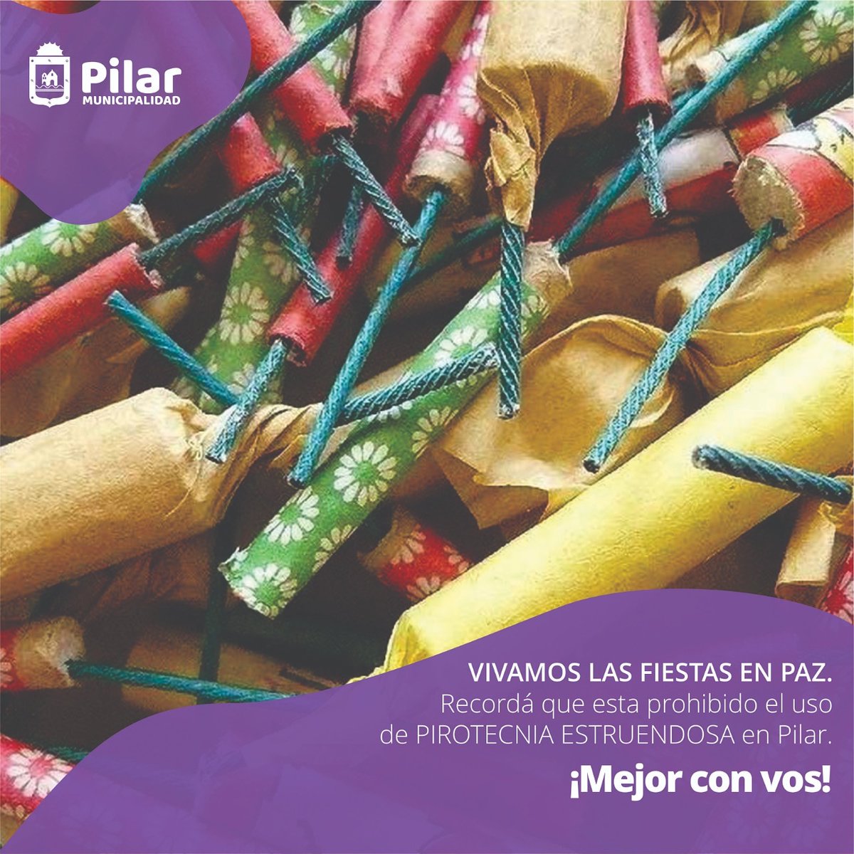 PilarMuni's tweet photo. En estas fiestas pensá en los más vulnerables a la pirotecnia estruendosa. Te recordamos que esta prohibido el uso de las mismas en nuestras ciudad. Disfrutemos en Paz. #MejorConVos https://t.co/nQxeJc846Y