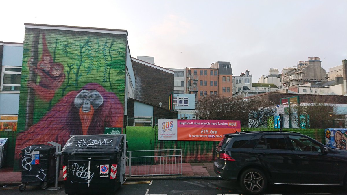 Semajsmada1's tweet photo. If I ever doubted where my passion for speaking up for nature came from.. I was beautifully reminded today. The wall art at my old primary school in the heart of Brighton, blasting out messages about the threat 2 the world's Orangutans was epic to see Go4it! #middlestreetschool https://t.co/216PJwve1I