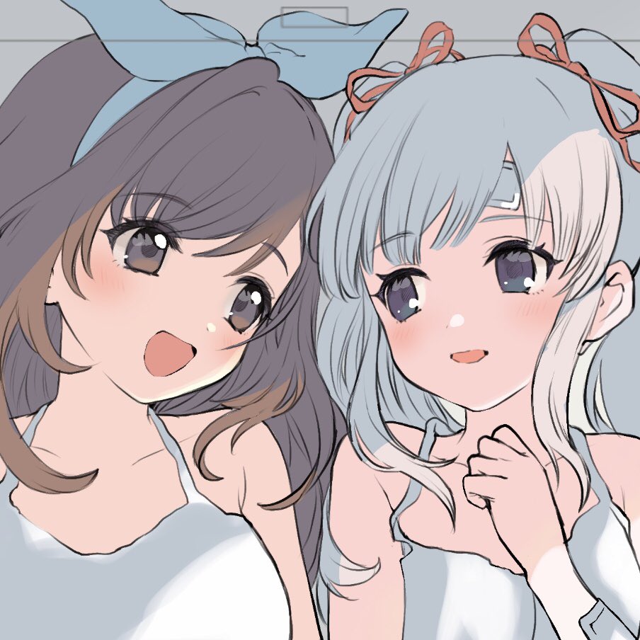 tsukioka kogane ,yukoku kiriko multiple girls 2girls twintails brown hair ribbon brown eyes smile  illustration images