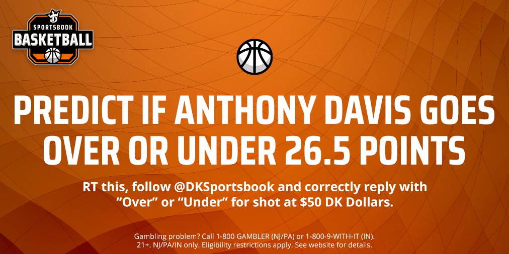 DKSports's tweet photo. 🚨GIVEAWAY🚨

It'll be LA against LA on Christmas Day.

Will Anthony Davis go Over or stay Under 26.5 points?

1. RT
2. Follow @DKSportsbook 
 3. Reply with your answer

Three randomly chosen right answers have a shot at $50 DK Dollars.

T's &amp; C's: https://t.co/useHj9RqOY https://t.co/VEwShijKlp