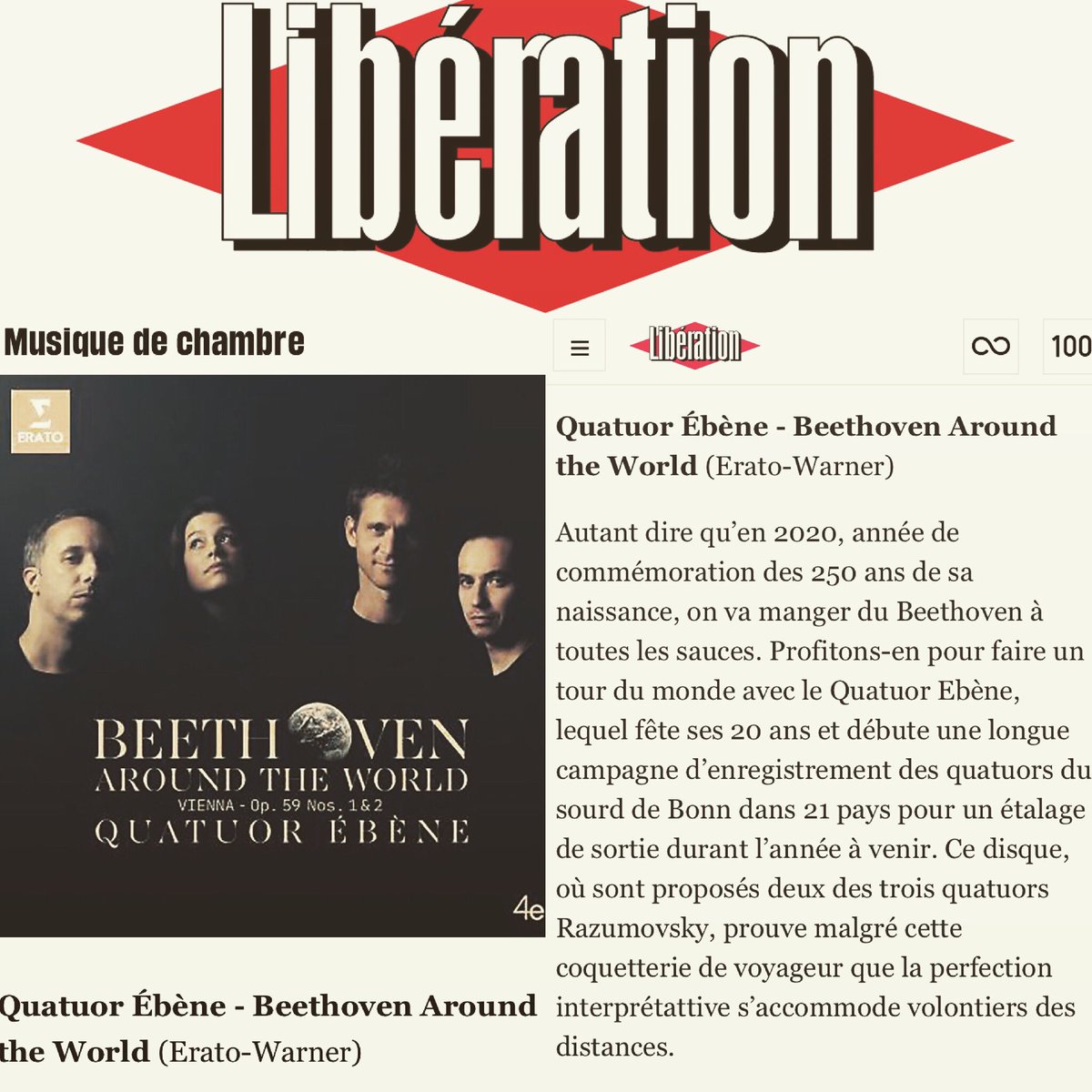QuatuorEbene's tweet photo. 💿 Notre Beethoven est favori 2019 de @libe dans la catégorie Musique de Chambre!
Nous vous souhaitons à tous un Joyeux Noël et de belles fêtes 🥳🌲🎁
#newrecording #beethoven250 #beethoven2020 #beethovenaroundtheworld
#liveinvienna @Konzerthauswien @WarnerClassics @ImpSim https://t.co/KuJjaYOSSK