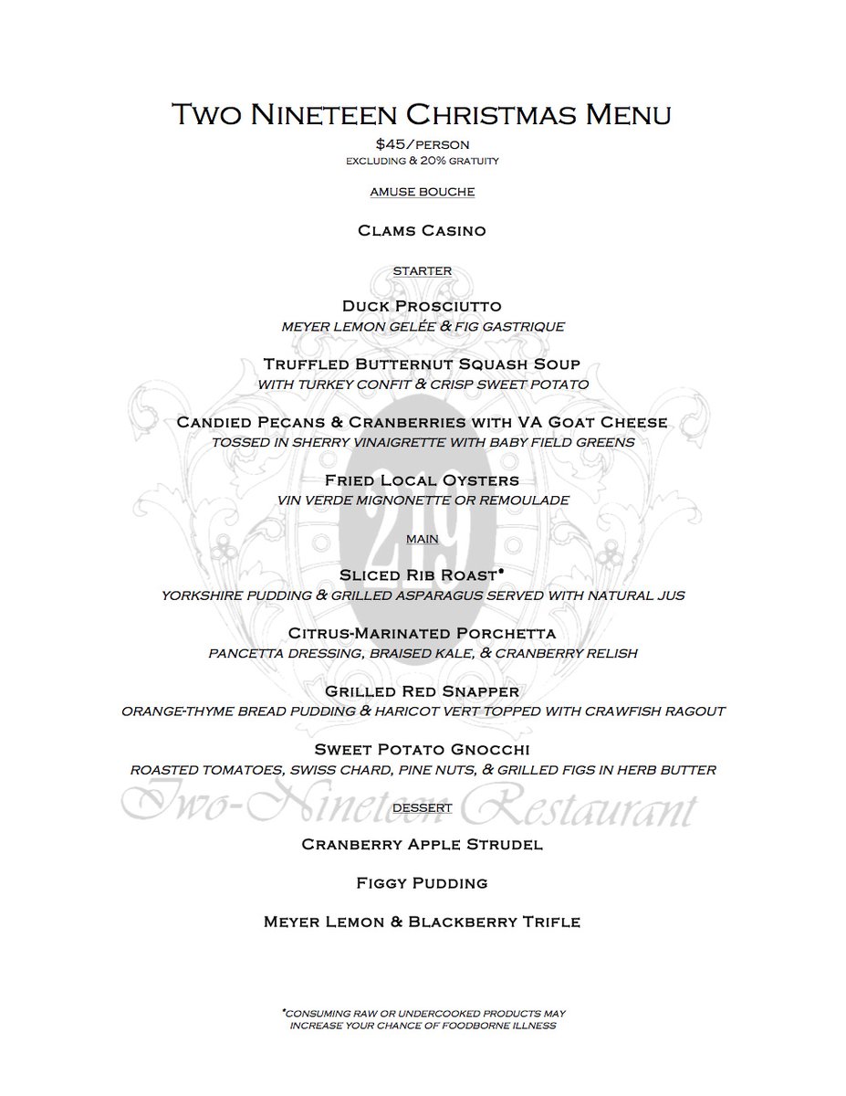 219Restaurant's tweet photo. Have Christmas Dinner With 219. See Attached Menu. Reservations Call (703) 549-1141.
.
.
.
#alexandria #virginia #christmas2019 #goodeats #219restaurant #the219 #alexandriaeats #dining #alexandriadining #nightlife #frenchcuisine #frenchcreole #foodie #dc #washingtondc https://t.co/4cOHRg1DPv